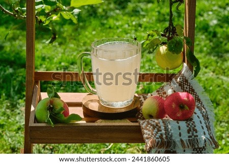 Fermented soft drink, white apple kvass in a large transparent mug on a wooden table under fruit trees in the garden. Fermented foods. Summer concept
