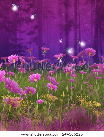 A peaceful nature background with foliage and flowers.