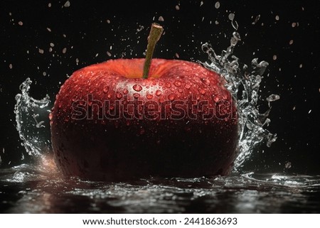 A juicy, ripe apple falls into the water. Splashes and drops of water on an apple. Dark background.