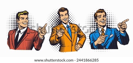 A smiling, confident man points his finger. Illustration in a bold Pop Art style. Perfect for education, coaching, or Advertisement themes. Royalty-Free Stock Photo #2441866285