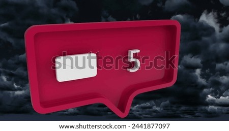 Image of message icon with numbers on speech bubble over sky and clouds. global social media and communication concept digitally generated image.