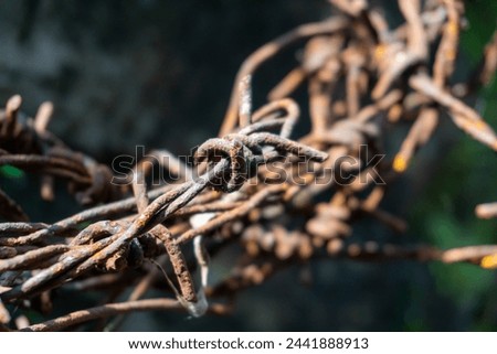 Rusty barbed wire, weathered but still menacing, entwined with tales of bygone perils. Royalty-Free Stock Photo #2441888913
