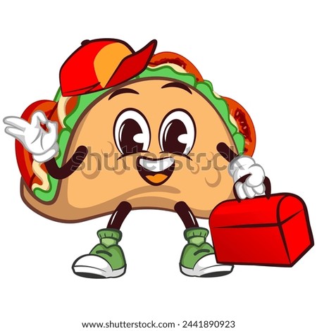 cute taco mascot character emoticon in hat carrying his toolbox handyman, cute taco mascot