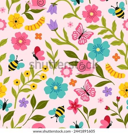 Seamless pattern with cute caterpillars, butterflies and bees and flowers. Vector graphics.