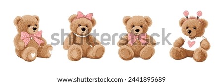 Cute cartoon bear doll set for babies or children. Fluffy soft stuffed toys. Little teddy bears vector illustrations in trendy style isolated on white background. Beige brown and pink colors.