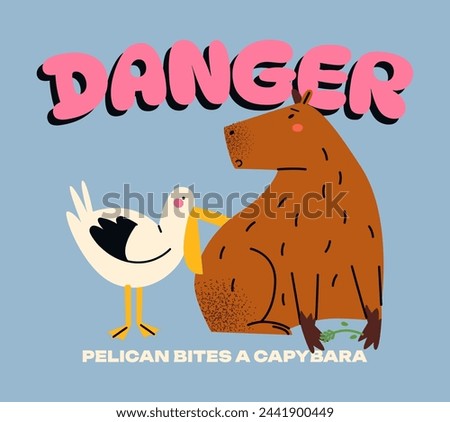Poster of a pelican biting a capybara. Cartoon animals guinea pigs in doodle style. Vector illustration of a cute pet in cartoon style.