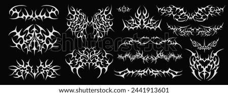 Collection Of Grunge Y2k Tattoo Streetwear Graphic Elements. Gothic Neo Tribal Cyber Sigilism Shapes Vector Design. Royalty-Free Stock Photo #2441913601