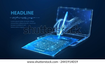 Digital hand with pan sign a document and laptop. Digital signature, E-contract, Sign document, Online approval, Virtual agreement, Report deal, Certificate application, Smart bank, technology concept