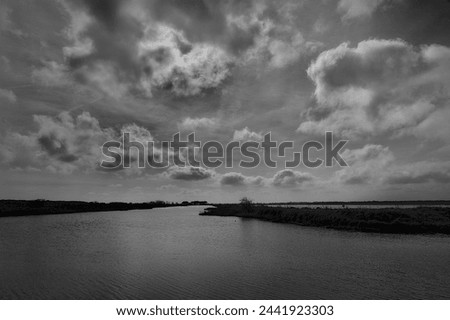 Landscape in the area between Lido di Dante and the river Fiumi Uniti. Black and white pictures with strong contrast that highlights clouds