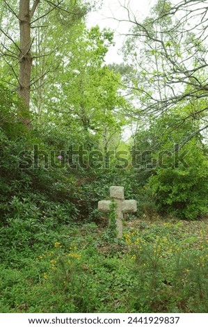 Small cross monument in the middle of forest, Normandy - France
