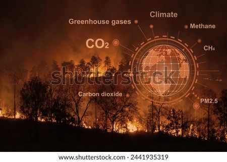 Forest fires are emitting substantial amounts of greenhouse gases and particulate matter into the atmosphere Royalty-Free Stock Photo #2441935319