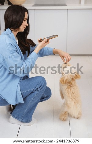 Woman taking picture of dog by cell phone in a candid moment. Feeding puppy maltipoo