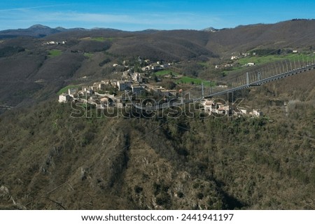 Picturesque view of Sellano medieval town on the mountains of Umbria region, Italy Royalty-Free Stock Photo #2441941197