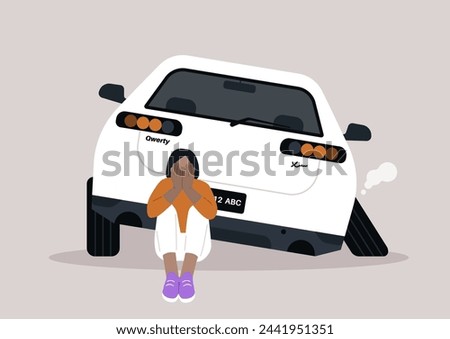 Unforeseen Detour, a Driver Confronts Accidental Misfortune on Suburban Street, Distressed individual sits by a vehicle with a detached wheel, expressing dismay over the sudden mishap