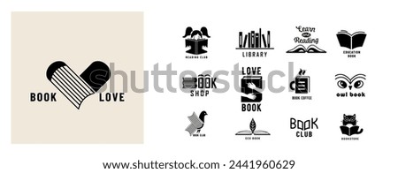 Book logo vector design illustration. Abstract business brand concept with book shape, text sign for school, library, education, learning, study. Minimal modern bookstore sign.