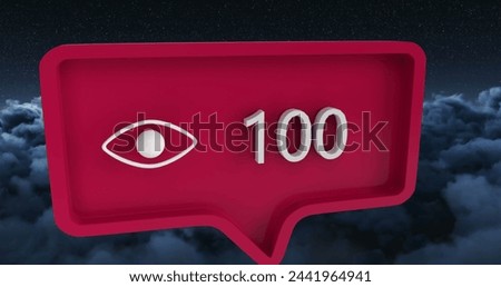 Image of eye icon with numbers on speech bubble over sky and clouds. global social media and communication concept digitally generated image.