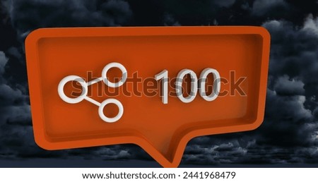 Image of share icon with numbers on speech bubble over sky and clouds. global social media and communication concept digitally generated image.