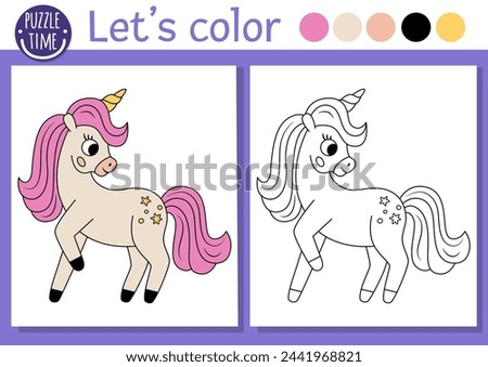 Coloring page for children with cute unicorn princess. Vector fairytale outline illustration. Fantasy color book for kids with colored example. Magic world drawing skills printable worksheet
