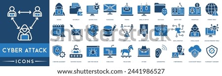 Cyber Attack icon set. Hacking, Data Breach, Malware Attack, Ransomware and Phishing icon vector. Royalty-Free Stock Photo #2441986527