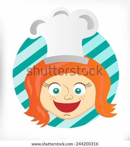 Picture of chef, head of ginger girl with hat, on bright background