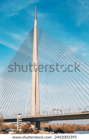 A modern marvel of engineering, the suspension bridge spans the river against a backdrop of clear blue skies, showcasing intricate cable and steel architecture Royalty-Free Stock Photo #2442003395