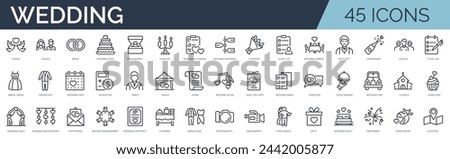 Set of 45 outline icons related to wedding. Linear icon collection. Editable stroke. Vector illustration Royalty-Free Stock Photo #2442005877