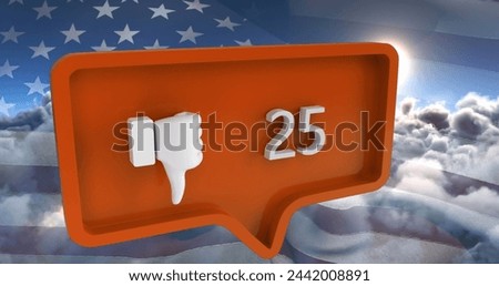 Image of unlike icon with numbers on speech bubble with flag of usa. global social media and communication concept digitally generated image.