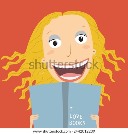Book concept world book day. Blonde girl reading a book. Vector Illustration.