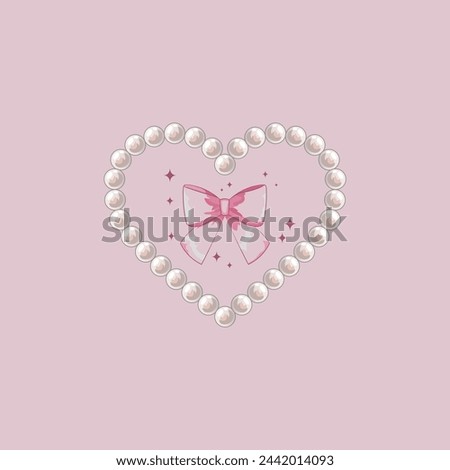 cute illustration of heart with pearls and bow in coquette style