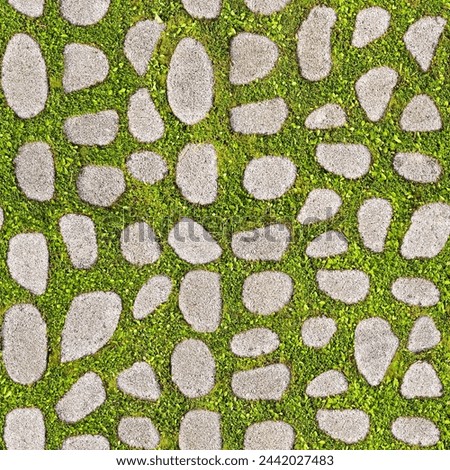 Seamless pattern for renderings applications of a grey concrete flooring blocks with grass permeable to rain water used for sidewalks and parking areas Royalty-Free Stock Photo #2442027483