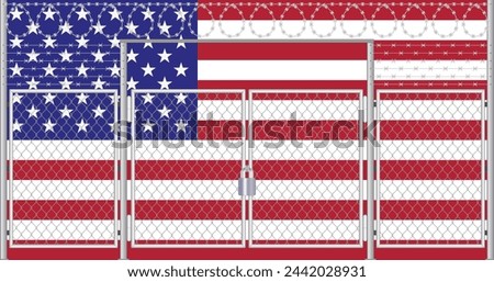 Vector illustration of USA flag under lattice. Concept of isolationism.
