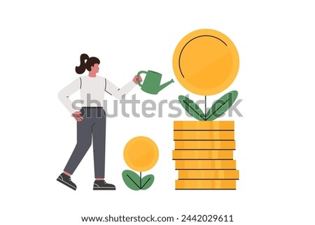 Financial or investment growth concept. Businesswoman investor planting and watering money tree with gold coin. Vector illustration of finance management and economic growth.
