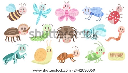 A large set with different insects - spider, mosquito, fly, bee, mantis, rhinoceros beetle, butterfly, ladybug, worm, snail and others. Vector