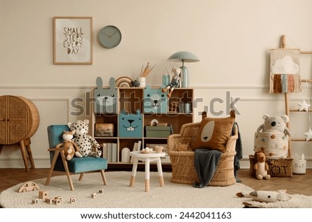 Creative composition of kids room interior with mock up poster frame, wall with stucco, colorful sideboard, braided armchair, plush toys, brown pillow and personal accessories. Home decor. Template.