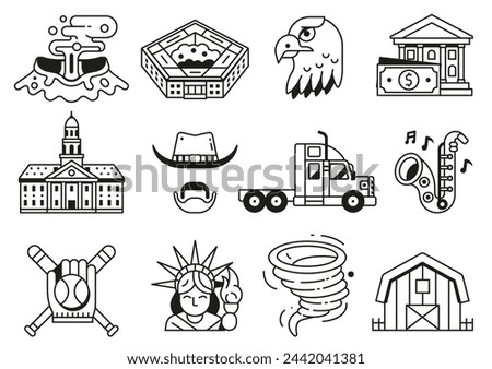 USA icons collection with popular landmarks and symbols. United States icon set of american cultural elements such as architectural monuments, tourist attractions, natural wonders and sports. Royalty-Free Stock Photo #2442041381