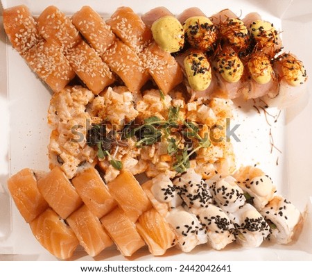Large set of sushi with salmon and white sesame close-up. Delicious Japanese food photo in high quality. Fast food stock photo.