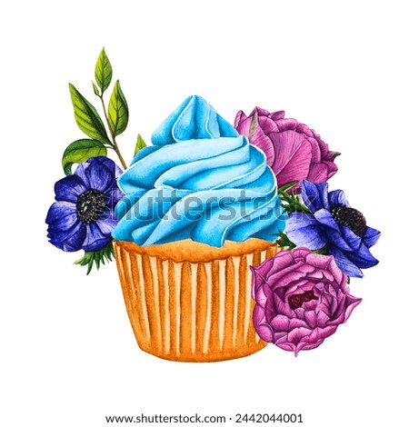 Spring Holiday cupcakes with flowers and sprinkles. Watercolor illustration sweet muffin with pink peon and butter cream. Romantic cake with flowers, wedding sweets.