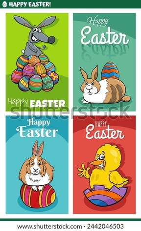 Cartoon illustration of Easter holiday greeting cards designs set with bunnies and chick