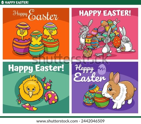 Cartoon illustration of Easter holiday greeting cards designs set with bunnies and chicks