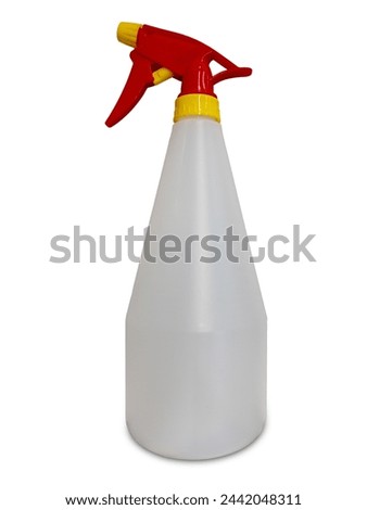 White plastic spray bottle with red yellow sprayer isolated on white with clipping path included