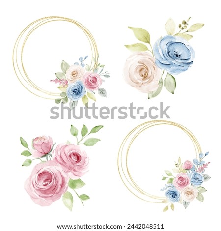 Gold frames set, wreath border and blossom arrangement. Watercolor clip art hand painting, floral geometric background. Flowers compositions isolated on white background.