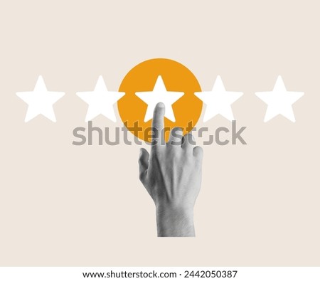 Contemporary collage of hand hold five-star icon rating