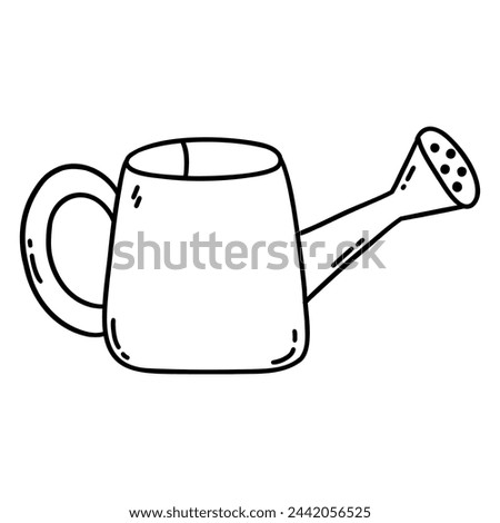 Watering can. Black and white vector isolated illustration hand drawn doodle. Plant and garden care equipment. Village life. Icon clip art. Gardening season