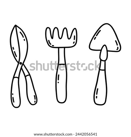 Gardening equipment set. Hoe, pruner, cultivator, small hand tools. Black and white vector isolated illustration hand drawn doodle. Icon, card, clip art. Spring and summer season, farming