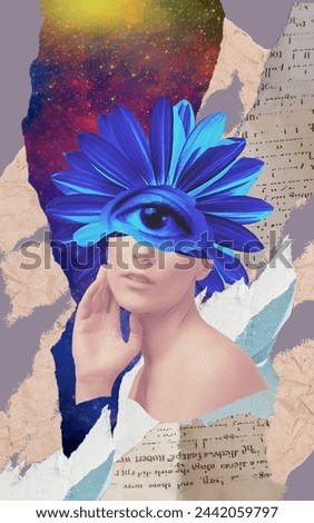 Woman in science. Female astrophysicist, fusion explore space, astronomical objects. Concept of travel - art collage or design about space and research Royalty-Free Stock Photo #2442059797