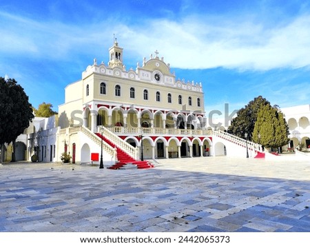 Exterior view of the Holy Church of the Virgin Mary Evangelistria at Tinos island, Greece.