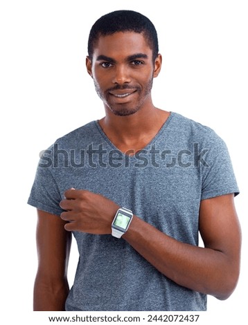 Portrait, black man or screen on smart watch technology or digital for schedule isolated on white background, Studio, arm or menu display network gadget for futuristic applications or notification Royalty-Free Stock Photo #2442072437
