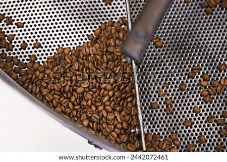 Coffee beans, machine and industry in factory for roast, grinding or product for flavor, export or quality assurance. Plant, metal container and manufacturing for organic caffeine with sustainability