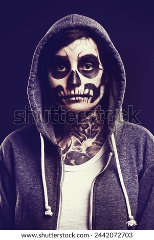 Skeleton, makeup and portrait of woman on dark background for festival, Halloween and day of the dead. Skull, costume and person with face paint for horror, scary and gothic aesthetic in studio