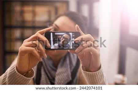 Smartphone, closeup of screen and selfie with woman, hands and photography for social media, live streaming and memory. Influencer, content creation and communication, mobile app and smile in picture